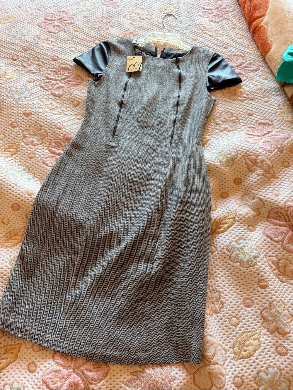 Gray Midi Dress with Black Cap Sleeves